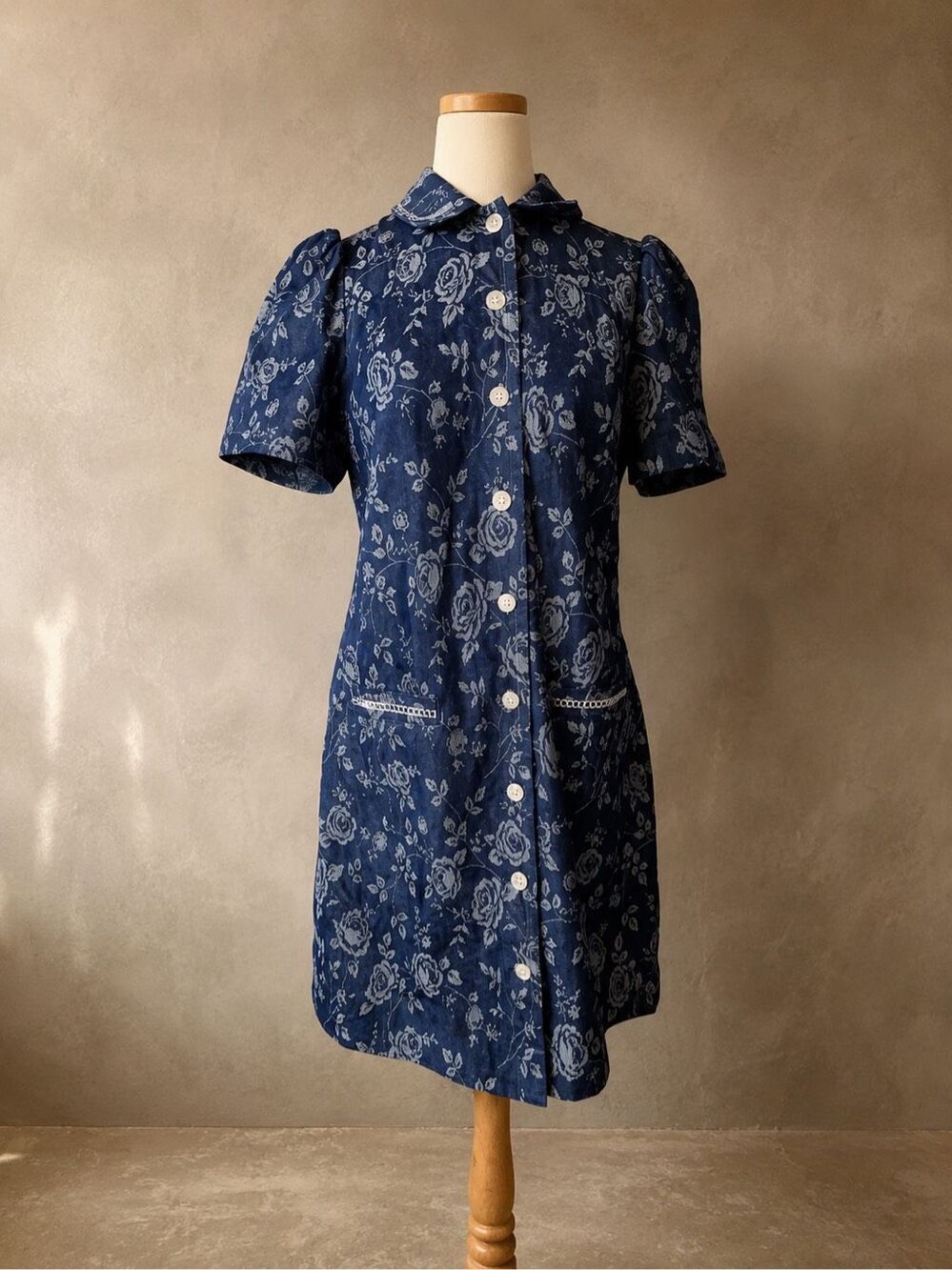 Eliza J Size 10 Denim Floral Shirt Dress Blue Rhinestone Button Front Mini